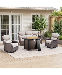 Gymojoy Crescent Brown Wicker Fire Pit Conversation Set with Olefin 6 In. Thick Cushions Patio Swivel Chairs (5-Piece)