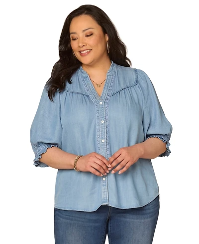 Democracy Plus Size Below Elbow Cinched Band-Sleeve Button-Down Top