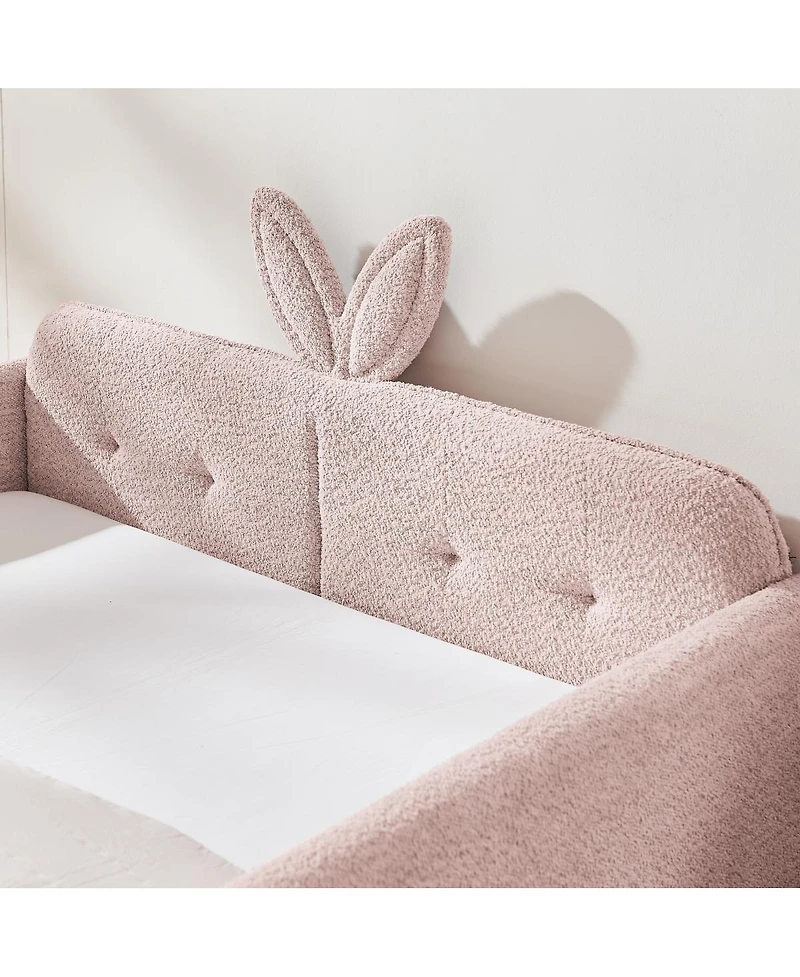 Streamdale Furniture Full Size Boucle Rabbit Ear Platform Bed with Safety Rail & Pocket, Pink