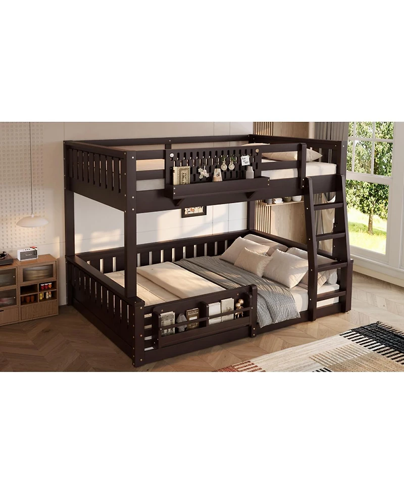 Streamdale Furniture Full Xl over Queen Bunk Bed with Ladder, Guardrails, Pegboard & Bookshelf, Espresso