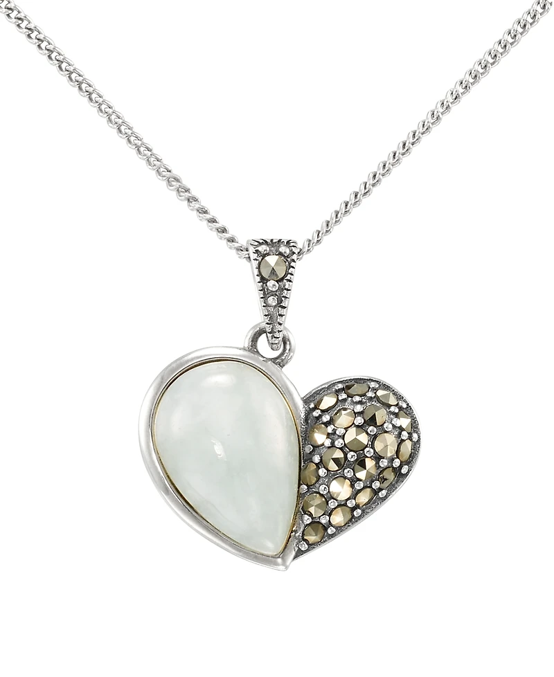 Macy's Marcasite (0.24 ct. t.w.) and Jade (3 ct. t.w.) Heart Pendant Necklace in Sterling Silver