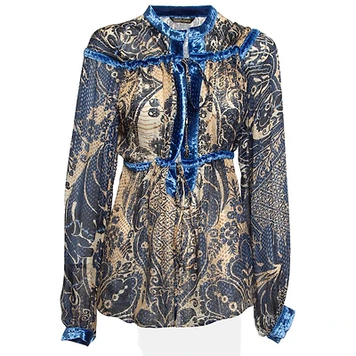 Pre-Owned Roberto Cavalli Women's Blue/brown Printed Velvet Trim Silk Blouse