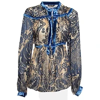 Pre-Owned Roberto Cavalli Women's Blue/brown Printed Velvet Trim Silk Blouse