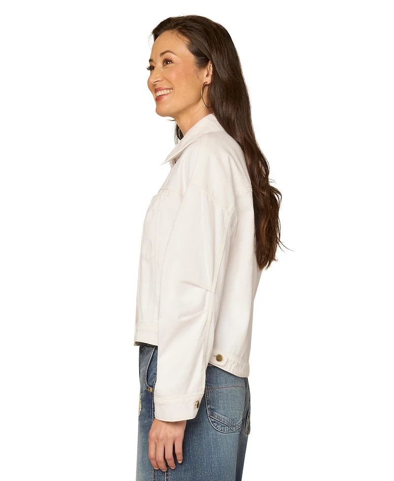Democracy Petite Oversized Barrel Sleeve Collared Optic White Denim Jacket