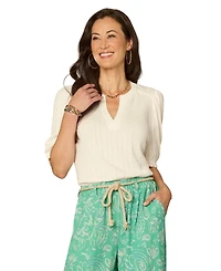 Democracy Petite Elbow Puff Sleeve Mandarin Collar Knit Top