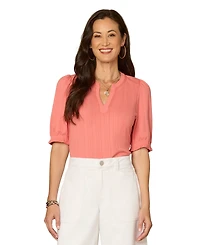 Democracy Petite Elbow Puff Sleeve Mandarin Collar Knit Top