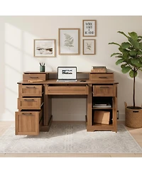 Streamdale Furniture 59" Farmhouse Office Desk with Charging Station & Storage Cabinet, Barn Door Design