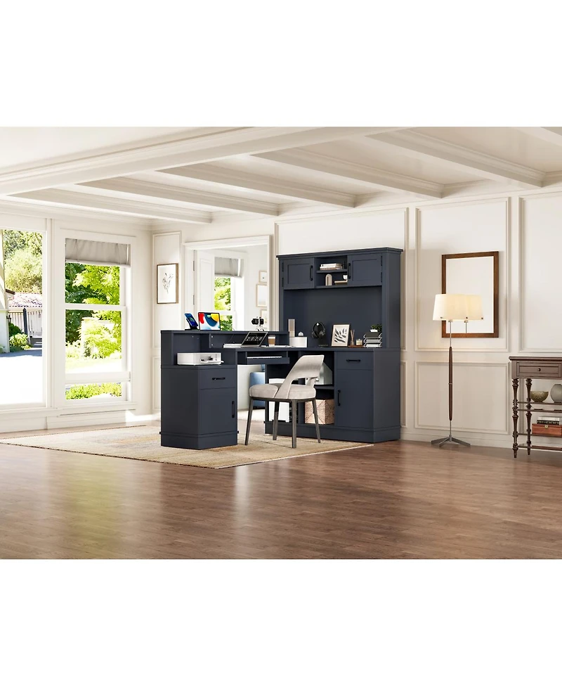 Streamdale Furniture L-Shaped Computer Desk with Outlet, Drawers, Bookshelf, Blue