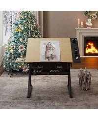 Streamdale Furniture Adjustable Drawing Drafting Table Desk with 2 Drawers & Stool (Maple)