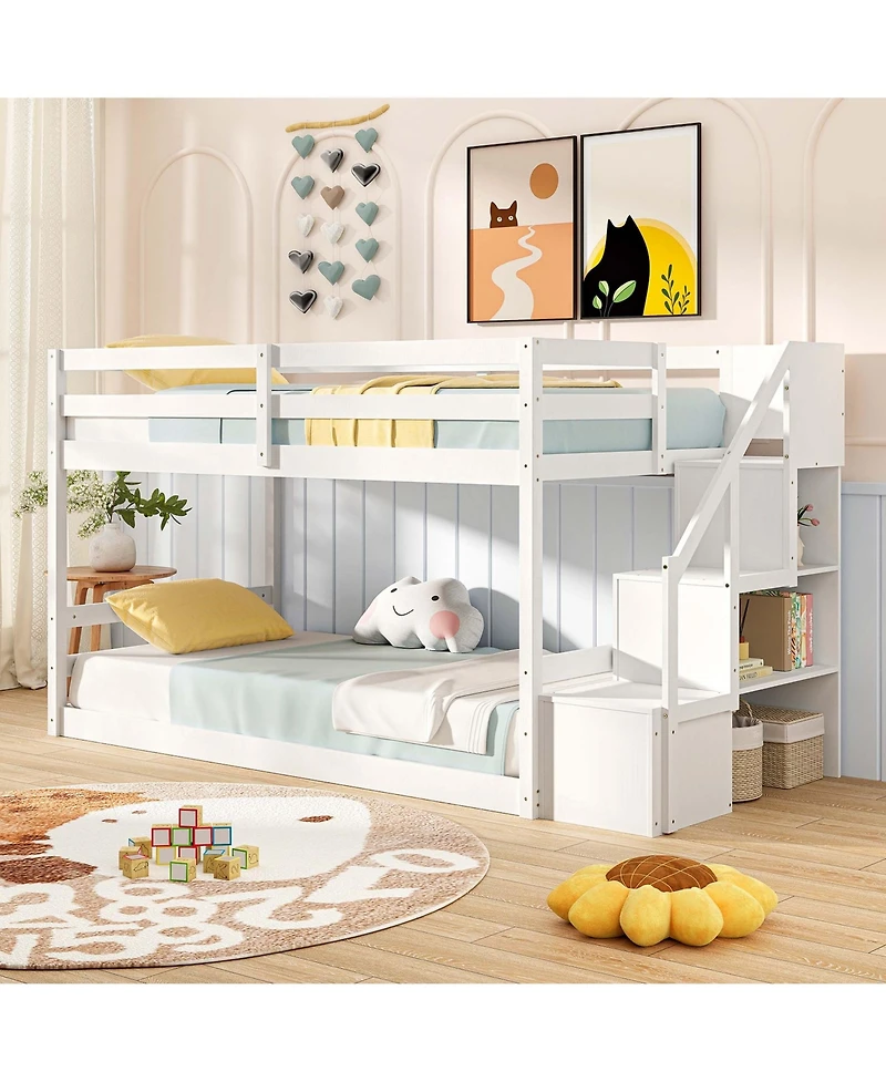 Costway Twin Over Twin Low Bunk Bed Solid Wood Floor Bunk Bed Frame with Storage Stairs