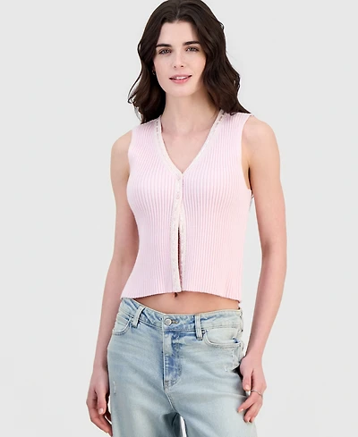 Hippie Rose Juniors' Ribbon-Trim Sweater Vest