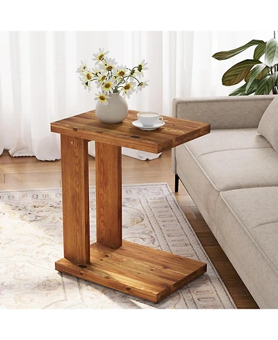 Tribesigns Solid Wood C-Shaped End Table, Wooden Side Table for Sofa, 2-Tier Bedside Nightstand for Living Room, Bedroom
