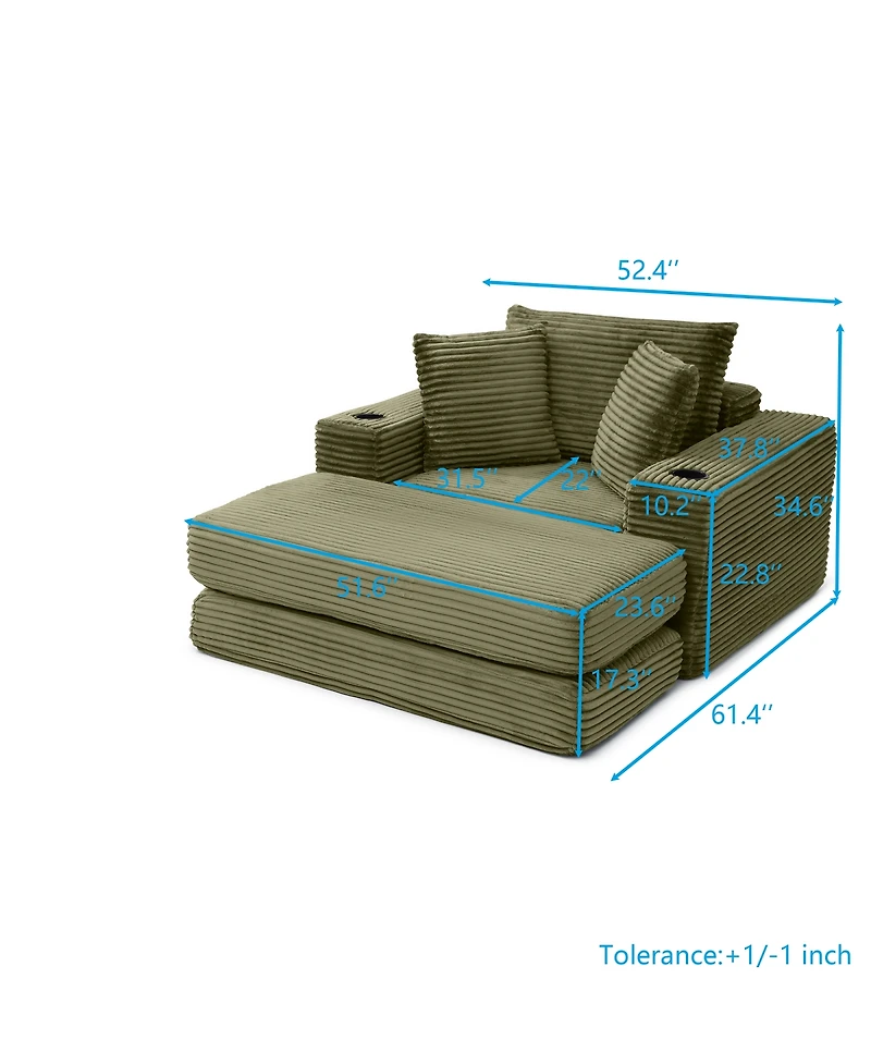 Streamdale Furniture 52.4" Boneless Chaise Lounge Indoor Oversized Cloud-Like Cozy Modular 3-in-1 Sofa Bed, Green