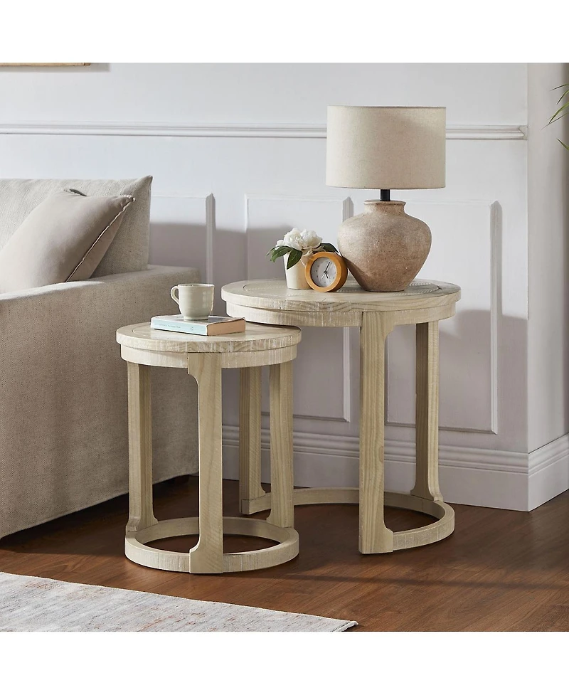 Streamdale Furniture 24" 2PC Curved Round Wooden Coffee Table Set, Mid Century Rustic Oak