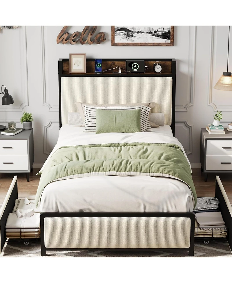 gaomon Twin Size Upholstered Platform Bed Frame with Storage Headboard and Charging Station, Corduroy Fabric Bed with 2 Rolling Drawers