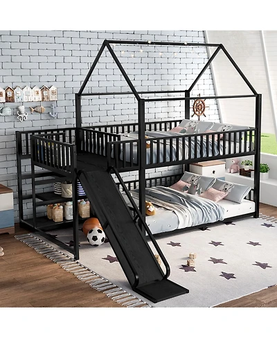 Streamdale Furniture Full Metal House Bunk Bed with Storage Stairs, Slide, Safety Rails