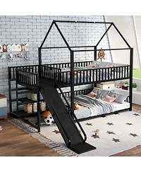 Streamdale Furniture Full Metal House Bunk Bed with Storage Stairs, Slide, Safety Rails