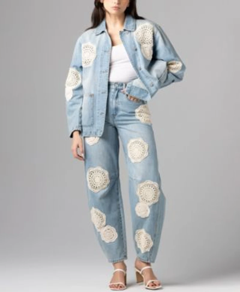 Blank Nyc Womens Crochet Doily Chore Jacket Barrel Leg Jeans