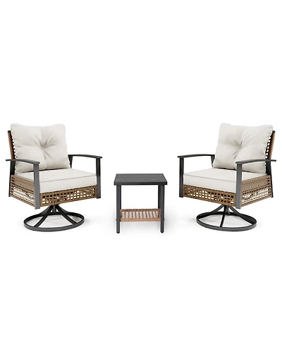 Decksplore 3 piece set of rotating rocking chair with flowers and rattan beige Bohemian Patio