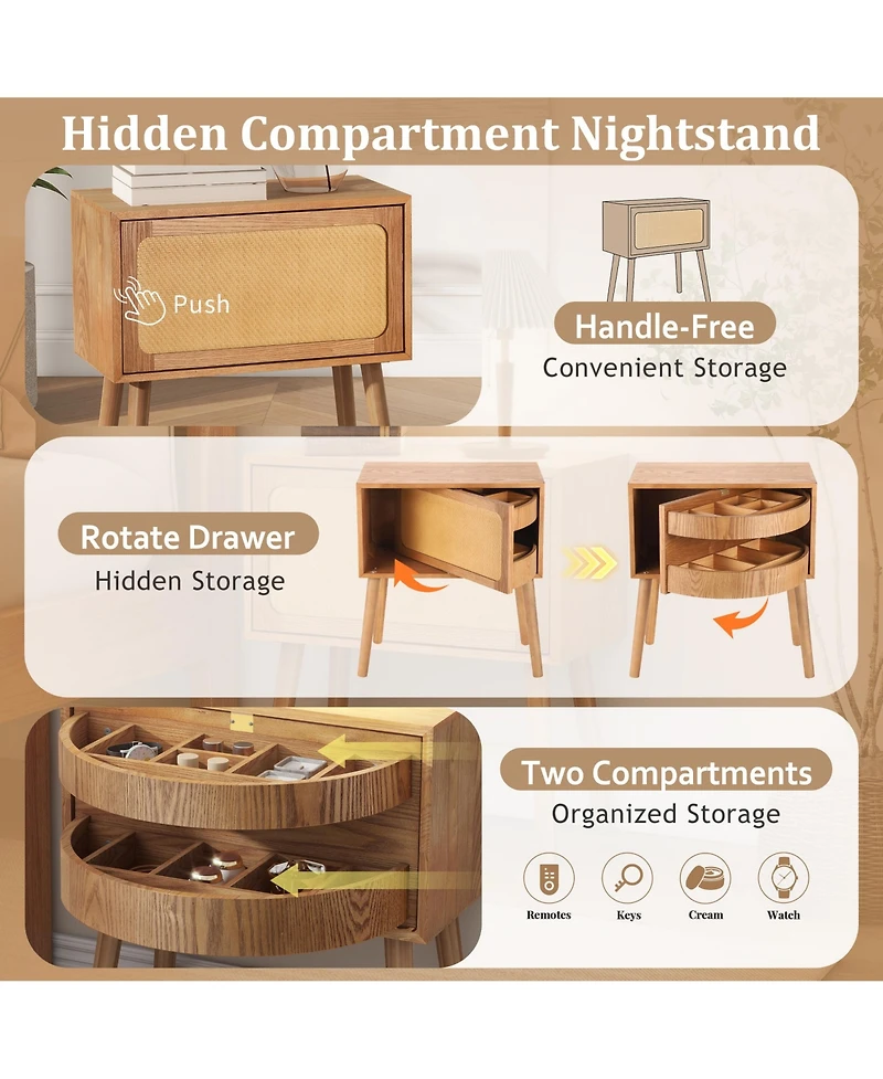 Rainsken Rotating Hidden Compartment Nightstands, Mid Century Rattan Bedside Table with Flip Drawer and Wood Legs for Living Room