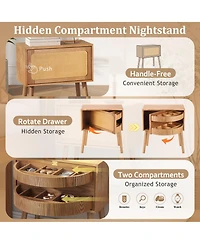 Rainsken Rotating Hidden Compartment Nightstands, Mid Century Rattan Bedside Table with Flip Drawer and Wood Legs for Living Room