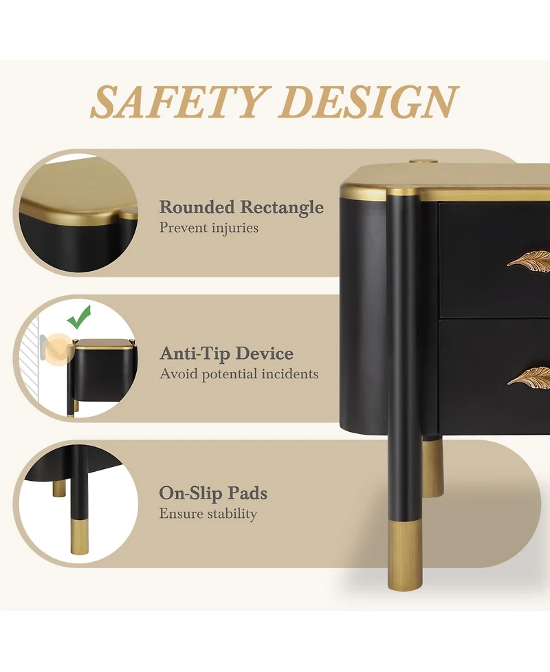 Rainsken 2 Drawers Nightstand with Curved Profile Design, Bedside Table with Metal Feather-Shaped Handles