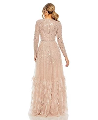 Mac Duggal Petite Disc Embellished Sequin Gown with Feather Detail