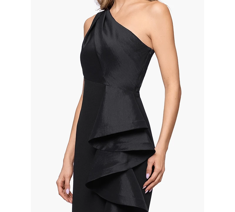 Betsy & Adam Women's Long One Shoulder Ruffle Ball Gown Dress