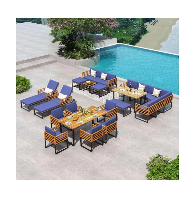 Mondawe Lucky One 6 Piece Patio Acacia Wood Conversation Sofa Set with Ottomans and Coffee Table