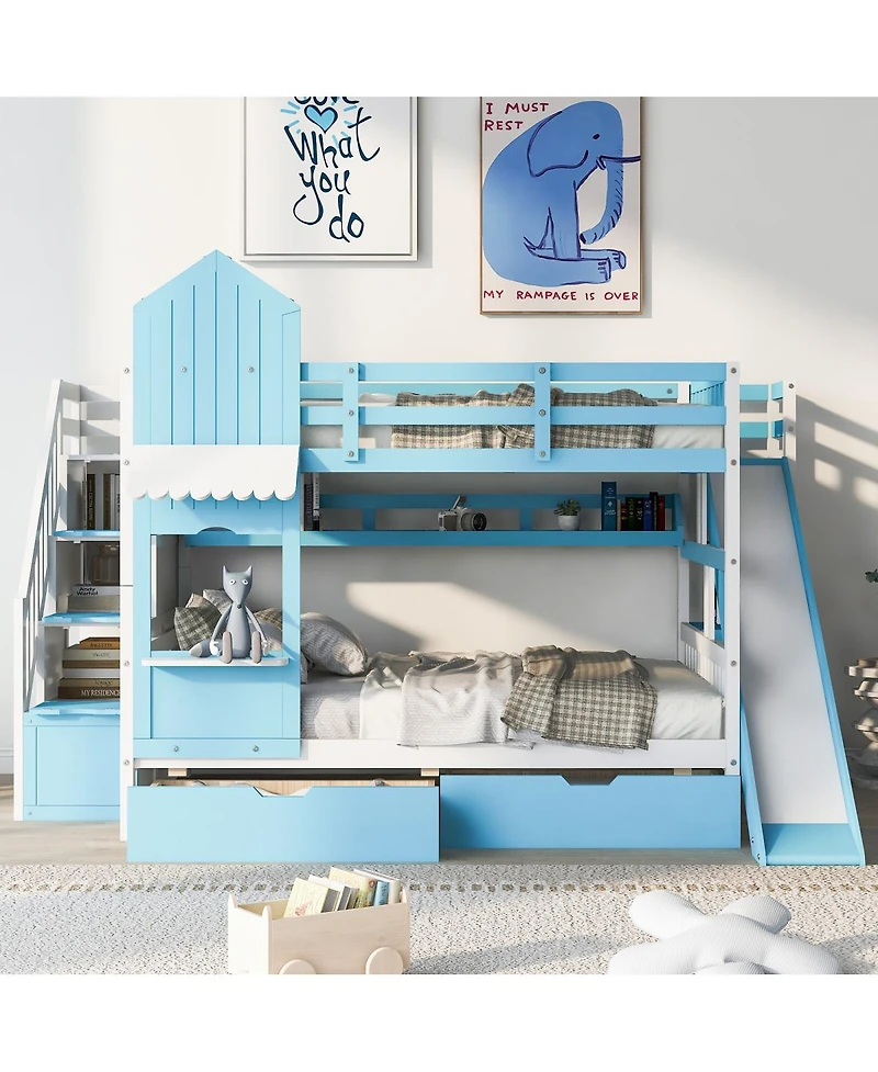 Streamdale Furniture Full-Over-Full Castle Style Bunk Bed with 2 Drawers 3 Shelves and Slide
