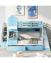 Streamdale Furniture Full-Over-Full Castle Style Bunk Bed with 2 Drawers 3 Shelves and Slide