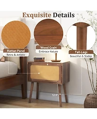 Rainsken Rotating Hidden Compartment Nightstands, Mid Century Rattan Bedside Table with Flip Drawer and Wood Legs for Living Room, Bedroom