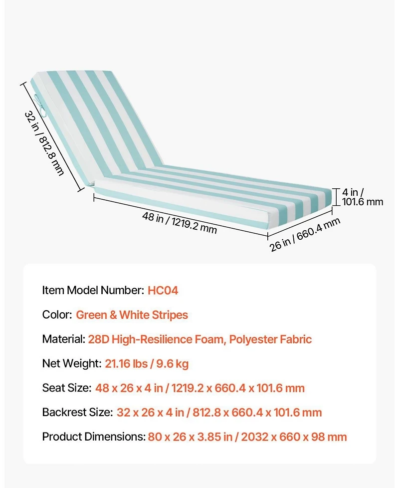 Mecale 80 x 26 x 4 in Chaise Lounge Cushion Set of 2, Waterproof Fade-Resistant Sun Lounger Cushions with Ties, Stripes