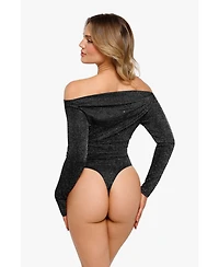 Popilush Women's Shapewear Metallic Knit Long Sleeve Slimming Bodysuit