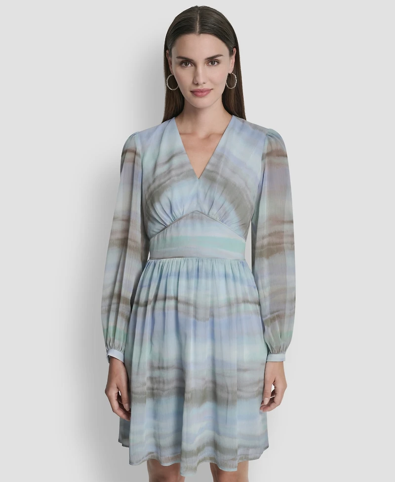 Dkny Women's V-Neck Smocked Waist Fit and Flare Dress