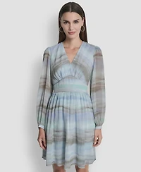 Dkny Women's V-Neck Smocked Waist Fit and Flare Dress