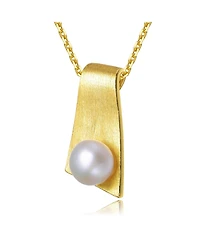 Sterling Silver 14k Gold Plated with Genuine Freshwater Pearl Rectangle Pendant Necklace