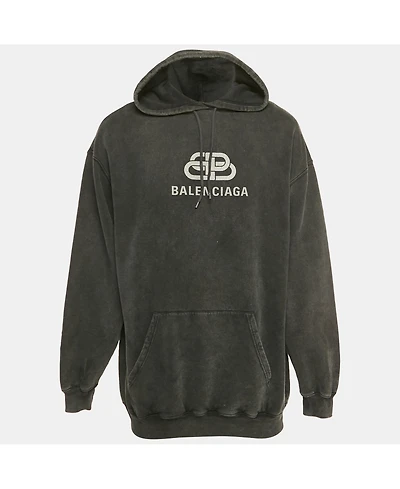 Pre-Owned Balenciaga Men's Faded Black Logo Print Cotton Oversize Hoodie
