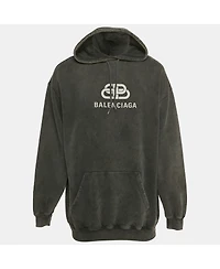 Pre-Owned Balenciaga Men's Faded Black Logo Print Cotton Oversize Hoodie
