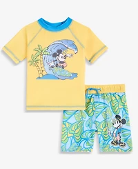 Mickey Mouse Toddler Boys' 2T-4T Short-Sleeve Rashguard & Mesh-Lined Swim Trunks, 2-Piece Set