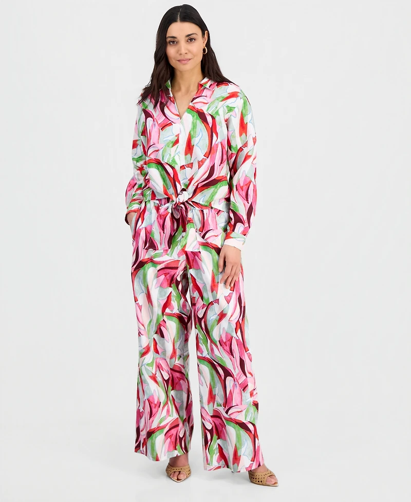 I.n.c. International Concepts Petite Printed Long-Sleeve Tie-Front Blouse, Created for Macy's