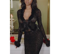 Miss Circle Women's Hali Animal Print Burnout Velvet Fur Trim Top