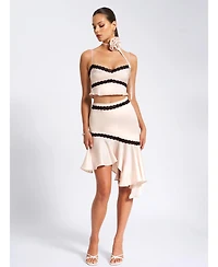 Miss Circle Women's Yahvi Beige Lace Trim Satin Skirt