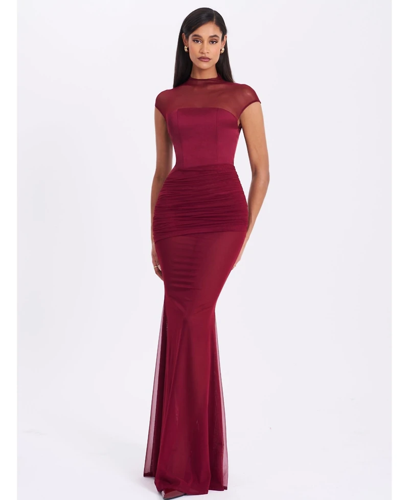 Miss Circle Women's Fabienne Burgundy Mesh Cap Sleeve Mermaid Gown