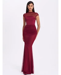 Miss Circle Women's Fabienne Burgundy Mesh Cap Sleeve Mermaid Gown