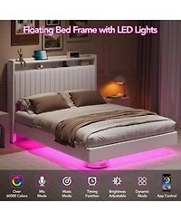 gaomon Floating Bed Frame with Led Lights and Charging Station,Upholstered Platform Headboard Storage Shelf