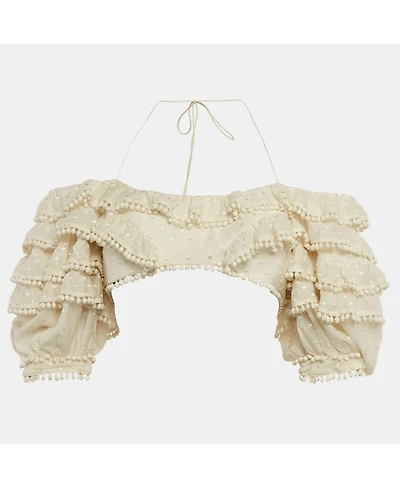 Pre-Owned Zimmermann Women's Off White Cotton Blend Ruffled Off Shoulder Crop Top