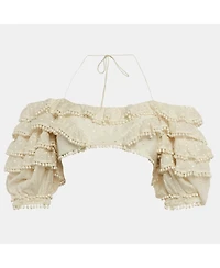 Pre-Owned Zimmermann Women's Off White Cotton Blend Ruffled Off Shoulder Crop Top