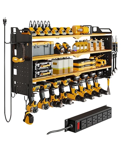 Hausource 32" Wall Mount Tool Organizer 4 Layers Garage Storage Racks with 8 Drill Holders, Power Adapter for Home Organization