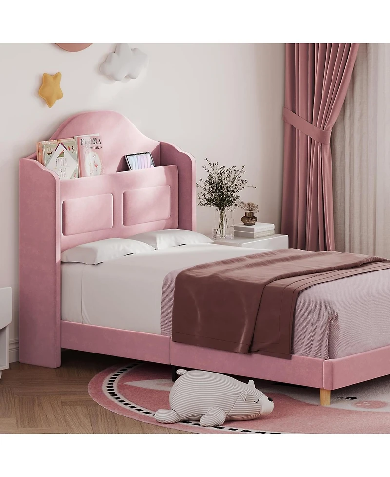 gaomon Twin Bed Frame for Kids,Upholstered Velvet Platform Bed with Wingback Headboard,Led Light and Storage Bookcase Headboard